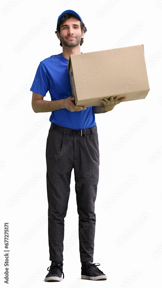 full-length male courier holding a box on a white background full-length male courier holding a box on a white background