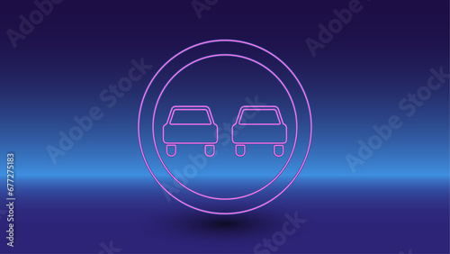 Neon no overtaking symbol on a gradient blue background. The isolated symbol is located in the bottom center. Gradient blue with light blue skyline