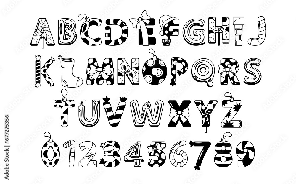 Christmas Alphabet Font Features Festive Black And White Letters With Holiday-themed Elements Like Candy Canes
