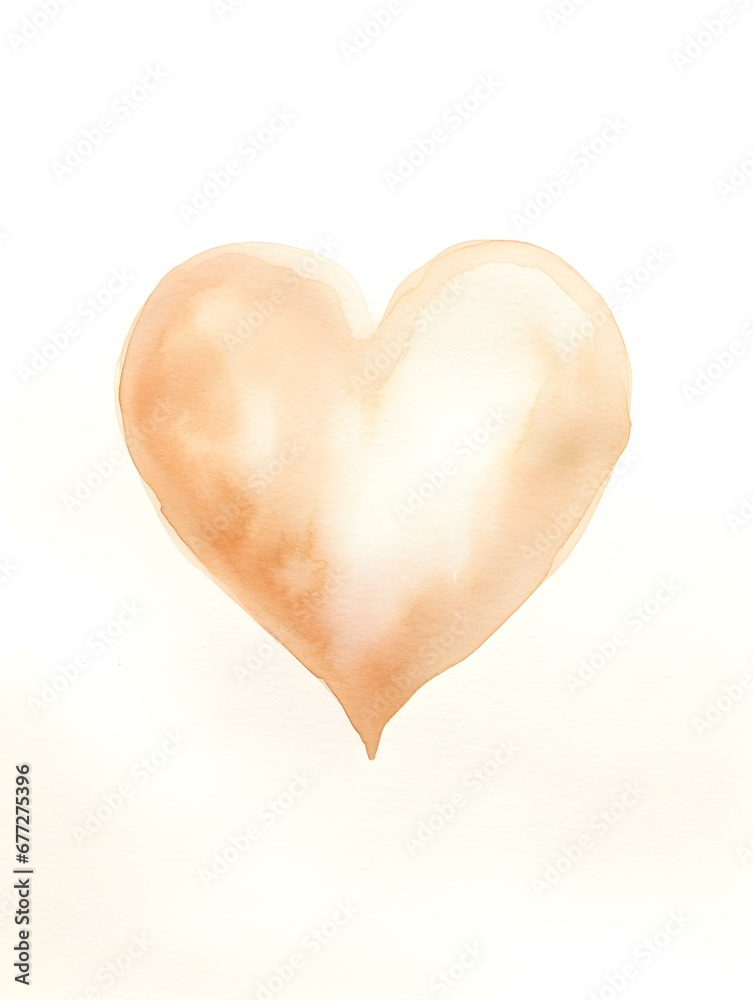 Drawing of a Heart in beige Watercolors on a white Background. Romantic Template with Copy Space