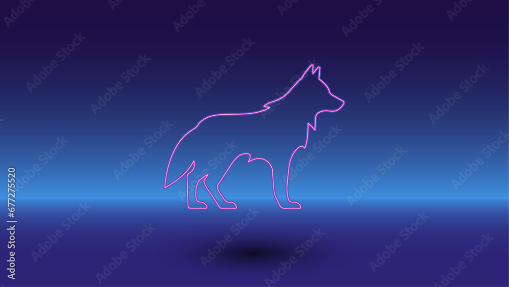 Fototapeta premium Neon wolf symbol on a gradient blue background. The isolated symbol is located in the bottom center. Gradient blue with light blue skyline