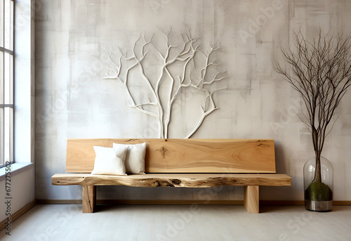 Fotobehang Solid wood rustic bench and glass vase with branch against grunge concrete wall