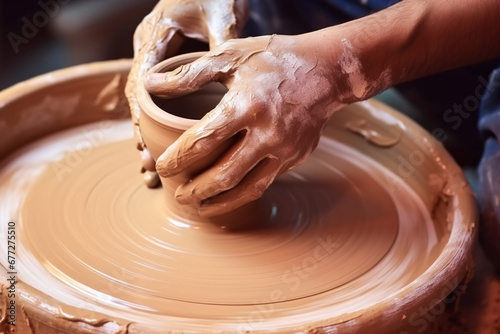 Creating clay works of art using the potter's wheel, isolated on a white backdrop.