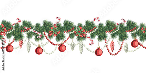Christmas fir branch, candy cane, ball and toy garland. New year decoration.