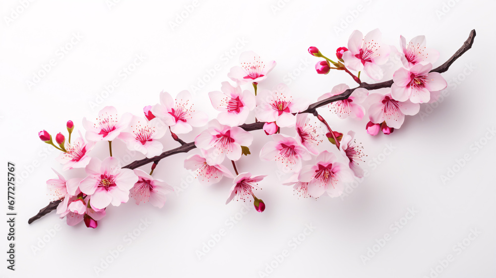 A solitary sakura tree branch, adorned with rosy blooms, set against a pristine backdrop.