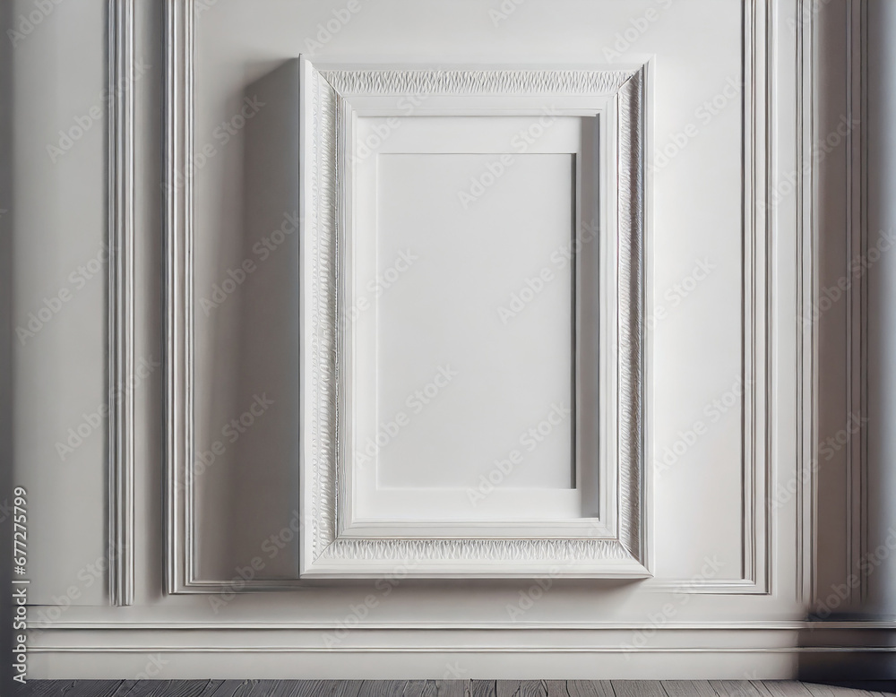 White vertical frame on white wall. 3d illustration.