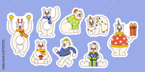 Fototapeta Naklejka Na Ścianę i Meble -  Set of Cartoon Retro-style Christmas Stickers Feature Adorable Polar Bears In Festive Attire, Spreading Holiday Cheer