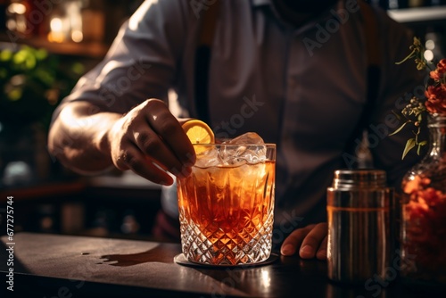 barman gently pours finished cocktail from glass shaker into glass. Body of bartender in black apron on background.