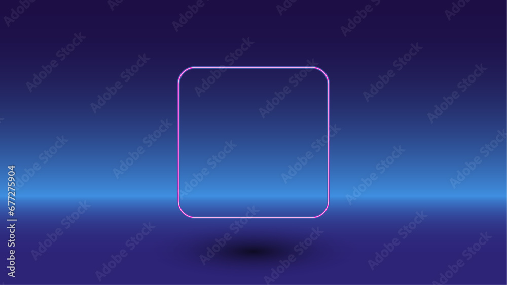 Neon rounded square symbol on a gradient blue background. The isolated symbol is located in the bottom center. Gradient blue with light blue skyline