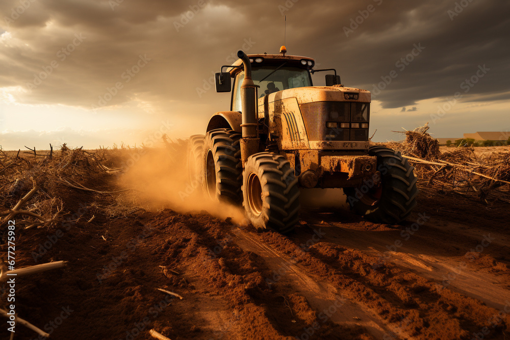 Witness the might of a large agricultural tractor as it makes its way to cultivate and plow the vast fields. Ai generated Witness the might of a large agricultural tractor as it makes its way to cultivate and plow the vast fields. Ai generated