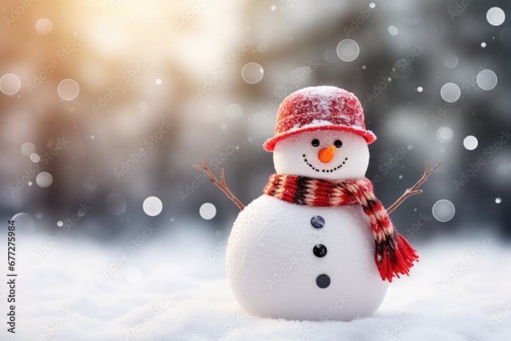 A snowman wearing a red hat and scarf