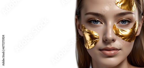 Woman with under eye collagen gold pads, beauty model girl face with healthy fresh skin. Generative AI.