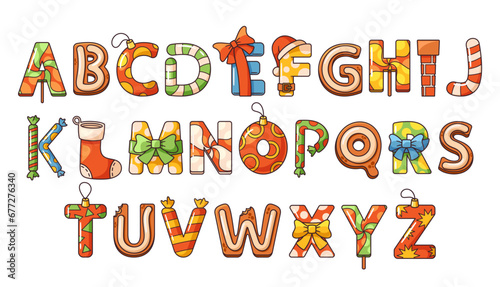 Cartoon Christmas Fonts Feature Festive Elements Like Socks, Ornaments, Bows And Candy Canes, Vector Illustration