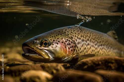 Dive into the aquatic world as a big trout fish gracefully swims underwater captured in a mesmerizing photograph. Ai generated