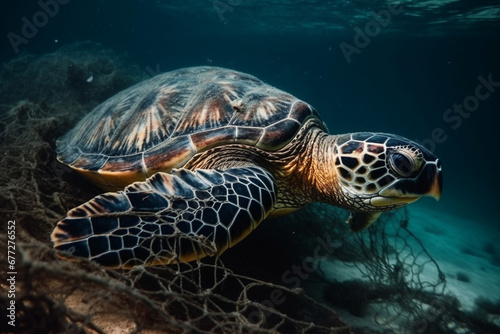 A sad moment depicting the suffering of a turtle caught in a fishing net, shedding light on the impact of human activities on marine life. Ai generated © dragomirescu