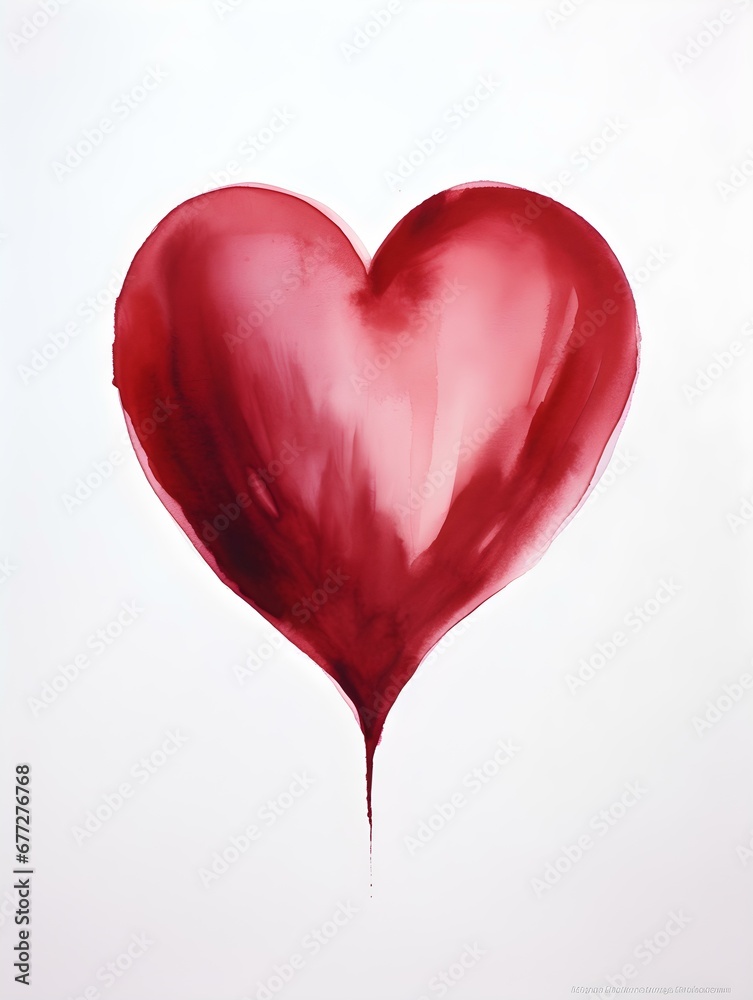 Drawing of a Heart in burgundy Watercolors on a white Background. Romantic Template with Copy Space