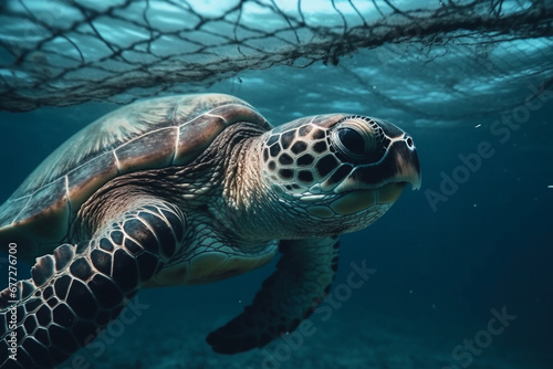 A sad moment depicting the suffering of a turtle caught in a fishing net, shedding light on the impact of human activities on marine life. Ai generated © dragomirescu