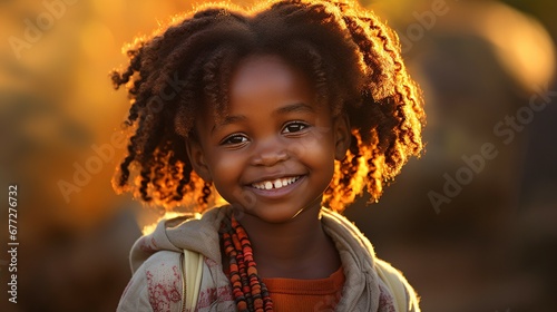 smiling Cute little African Asian girl curly hair