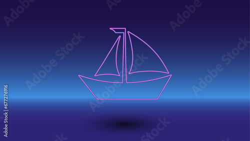 Neon sailing boat symbol on a gradient blue background. The isolated symbol is located in the bottom center. Gradient blue with light blue skyline
