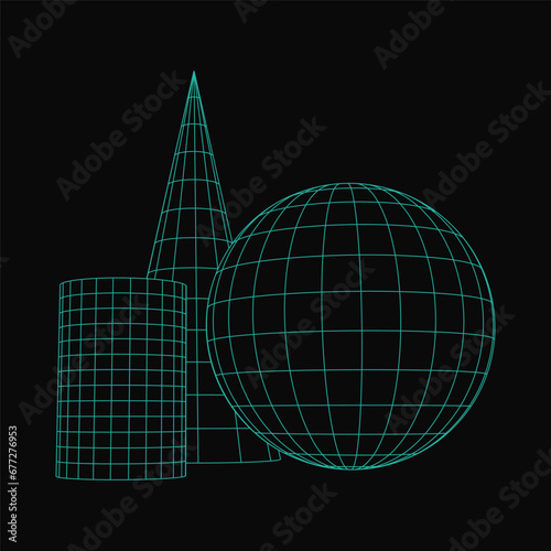 Set of primitive geometric shapes. Wireframe figures.