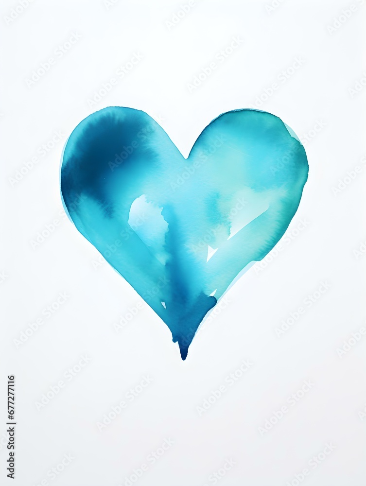 Drawing of a Heart in cyan Watercolors on a white Background. Romantic Template with Copy Space