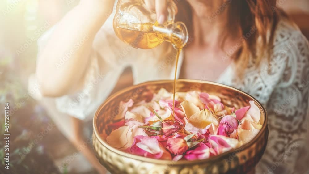 rose flower and essential oil. Spa and aromatherapy. Loop Animation.