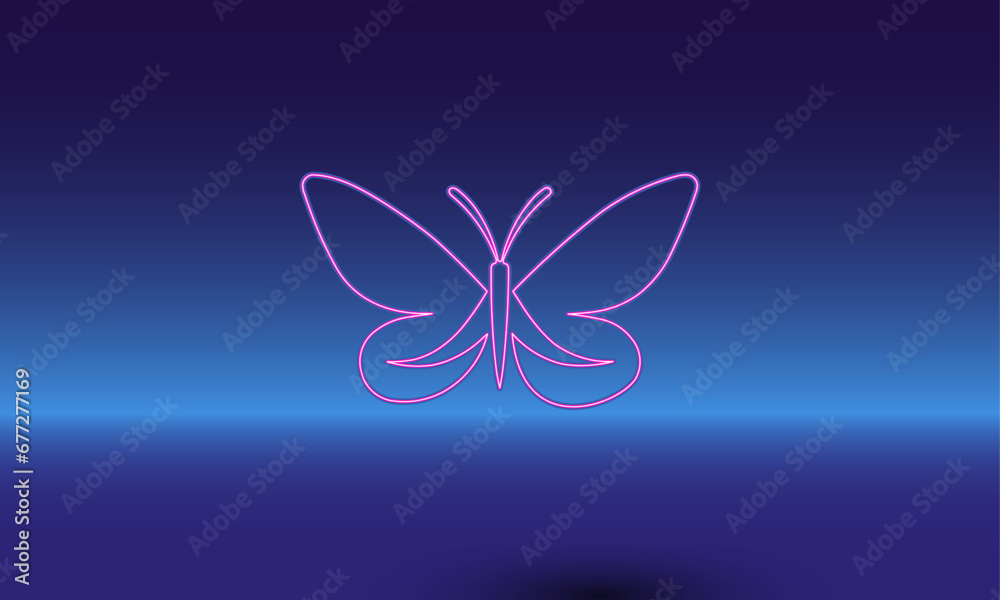 Neon butterfly symbol on a gradient blue background. The isolated symbol is located in the bottom center. Gradient blue with light blue skyline