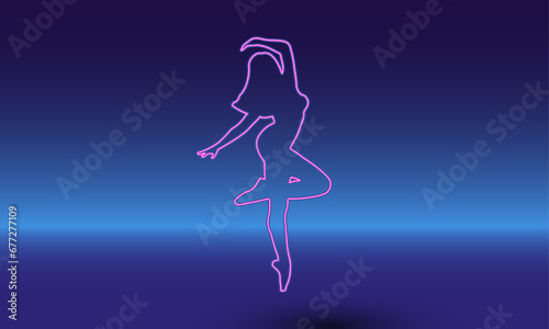 Neon ballerina symbol on a gradient blue background. The isolated symbol is located in the bottom center. Gradient blue with light blue skyline