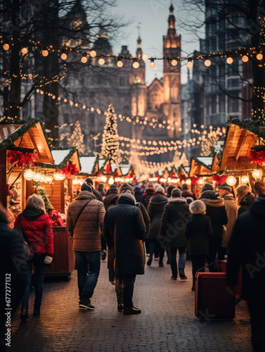 People in Christmas market, an illuminated street. Festive new year lights.
