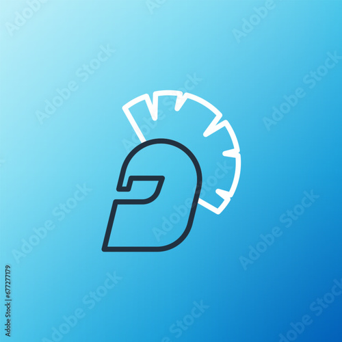 Line Greek helmet icon isolated on blue background. Antiques helmet for head protection soldiers with a crest of feathers or horsehair. Colorful outline concept. Vector