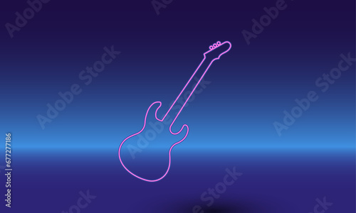 Neon guitar symbol on a gradient blue background. The isolated symbol is located in the bottom center. Gradient blue with light blue skyline