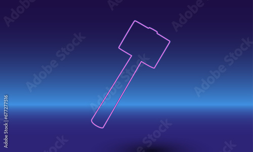 Neon mallet symbol on a gradient blue background. The isolated symbol is located in the bottom center. Gradient blue with light blue skyline