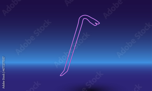 Neon crowbar symbol on a gradient blue background. The isolated symbol is located in the bottom center. Gradient blue with light blue skyline