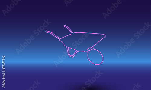Neon garden cart symbol on a gradient blue background. The isolated symbol is located in the bottom center. Gradient blue with light blue skyline