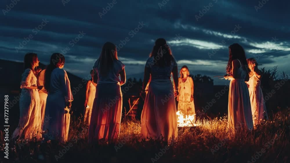 Women at the night ceremony. Ceremony space. Loop Animation.