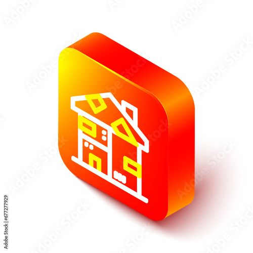 Isometric line Homeless cardboard house icon isolated on white background. Orange square button. Vector