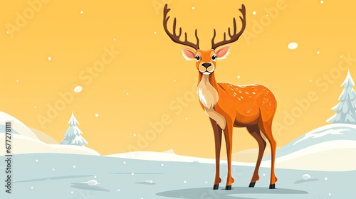  a deer standing in the middle of a snow covered field with pine trees in the background and a yellow sky with snow flecks on the ground behind it.  generative ai © Nadia