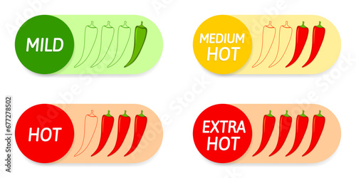 Spicy food in four levels - mild, medium, hot and extra hot. Chili pepper icon
