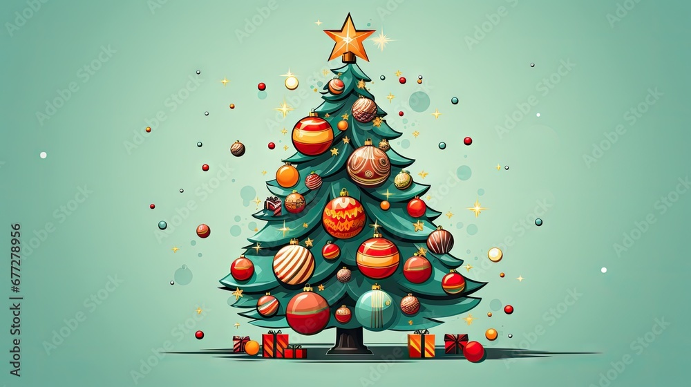  a christmas tree with ornaments on it and a star on top of the christmas tree is surrounded by balls and a star on the top of the christmas tree is surrounded by.  generative ai