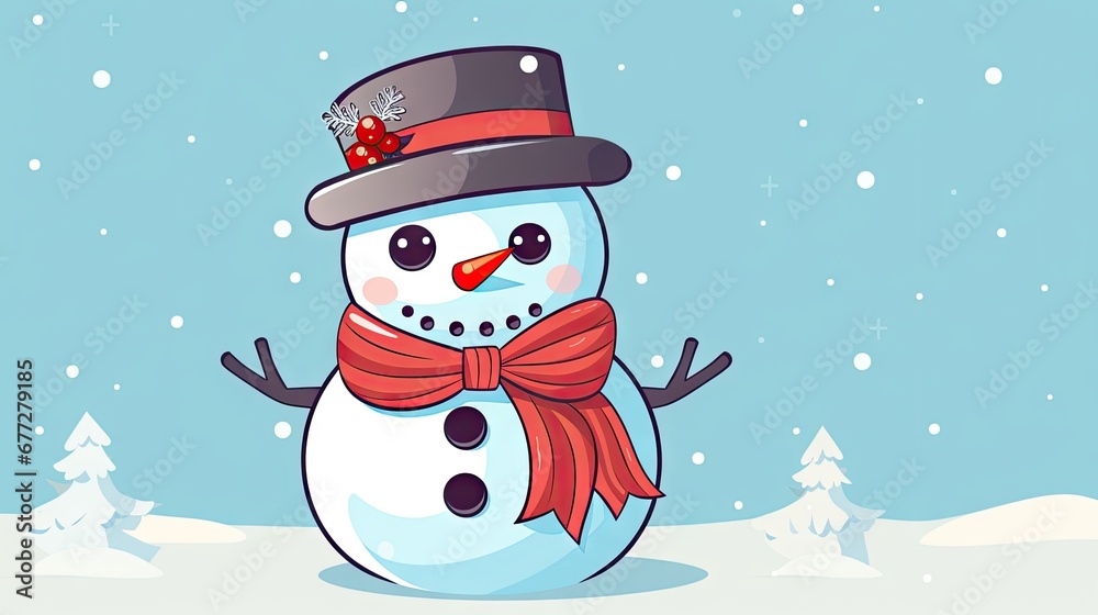  a snowman wearing a hat and a red scarf and a red scarf around his neck and a red scarf around his neck and a blue background with snowflakes.  generative ai