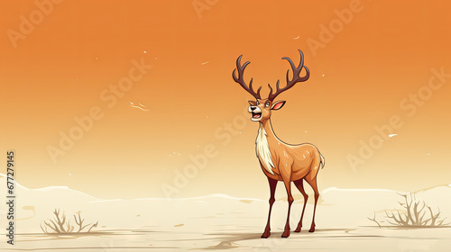  a deer standing in the middle of a desert with an orange sky in the background and a bird flying in the sky over the top of the deer s head.  generative ai