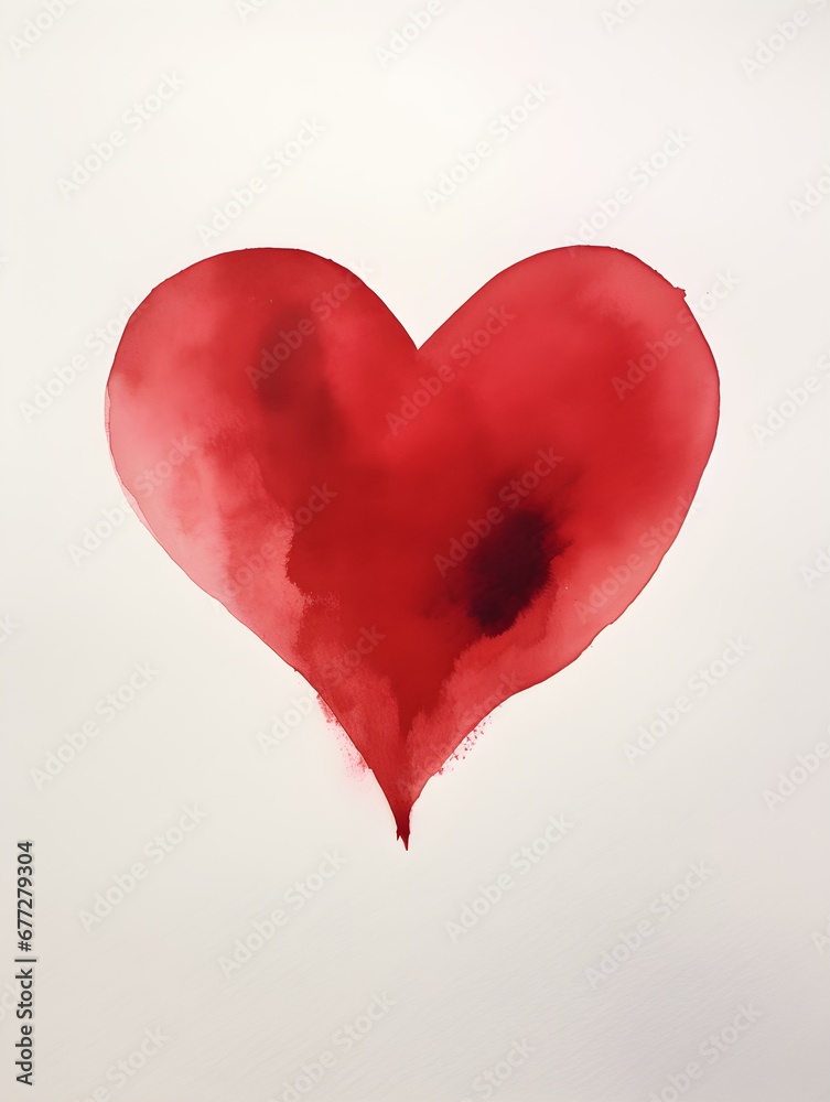 Drawing of a Heart in dark red Watercolors on a white Background. Romantic Template with Copy Space