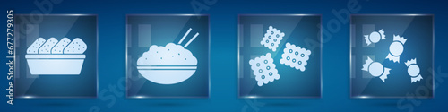 Set Chicken nuggets in box, Rice in a bowl with chopstick, Cracker biscuit and Candy. Square glass panels. Vector