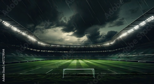 empty football field from one end on a rainy night with all the floodlights on, sport concept photo