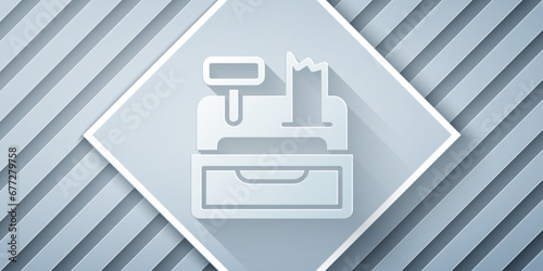 Paper cut Cash register machine with a check icon isolated on grey background. Cashier sign. Cashbox symbol. Paper art style. Vector