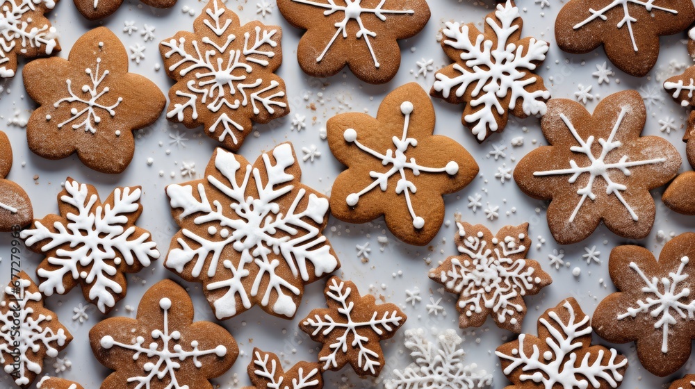 a table topped with lots of cookies covered in white icing and snowflakes on top of a table next to a pile of cut out snowflaked cookies. generative ai a table topped with lots of cookies covered in white icing and snowflakes on top of a table next to a pile of cut out snowflaked cookies. generative ai