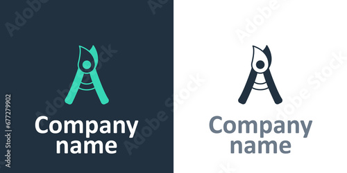 Logotype Gardening handmade scissors for trimming icon isolated on white background. Pruning shears with wooden handles. Logo design template element. Vector