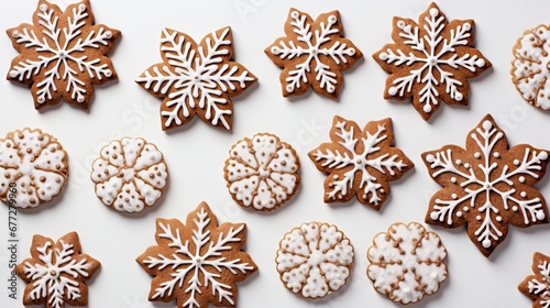  a white table topped with lots of cookies covered in icing and snowflakes on top of each of the cookies is a snowflaked snowflaked snowflake. generative ai