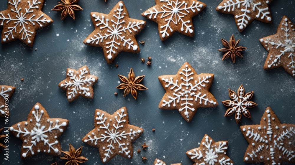 a close up of a bunch of cookies with snow flakes on top of them and on the side of the cookies are star shaped like snowflakes and sprinkles. generative ai a close up of a bunch of cookies with snow flakes on top of them and on the side of the cookies are star shaped like snowflakes and sprinkles. generative ai