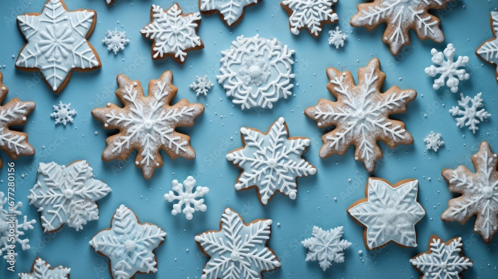 a group of snowflake cookies sitting on top of a blue table with snow flakes on the top of the cookies and on the bottom of the cookies. generative ai a group of snowflake cookies sitting on top of a blue table with snow flakes on the top of the cookies and on the bottom of the cookies. generative ai
